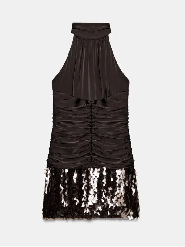 Zara Mini Dress Satin Brown Halter Ruched Sequin - Image 9