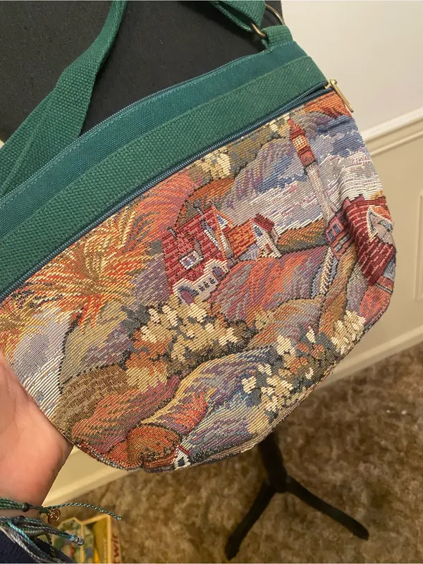 Scenic Tapestry Green Crossbody Bag with Village Motif My Maine Bag Embroidered - Image 3