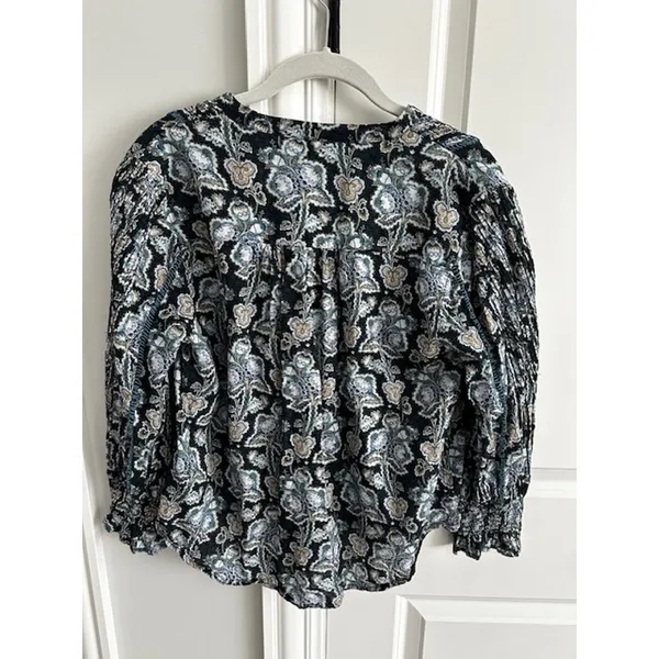Anthropologie Floral Cotton Peasant Blouse Small Blue/Green - Image 5