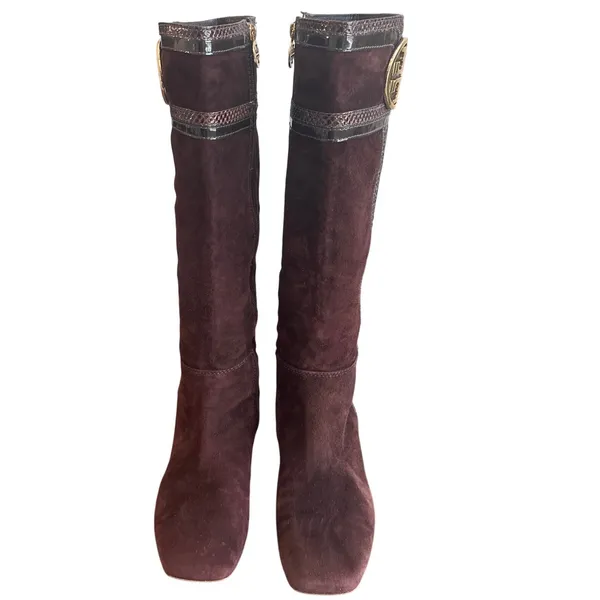 Tory Burch Brown Suede Riding Boots Snakeskin Gold Logo Knee High Sz 8 - Image 2