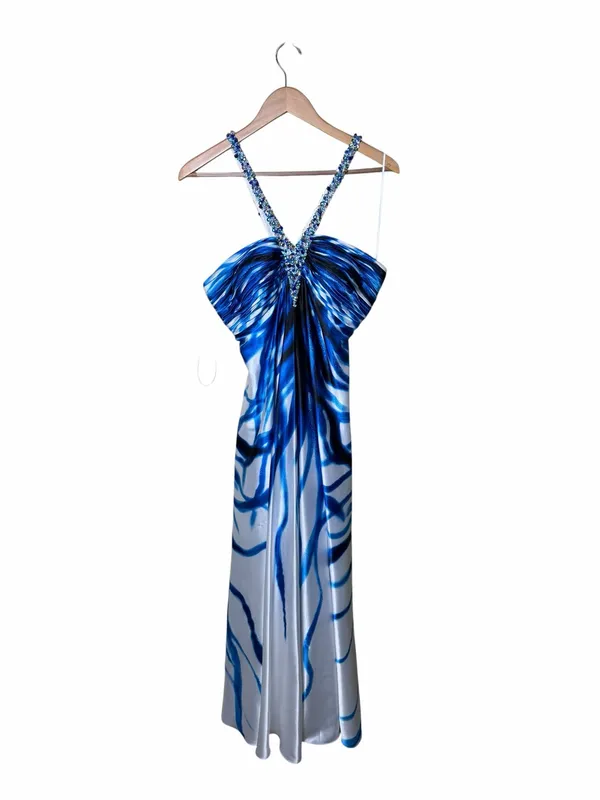 Cache Y2K Rhinestone Halter Blue Abstract Maxi Homecoming/ Prom Dress Size 10 - Image 3