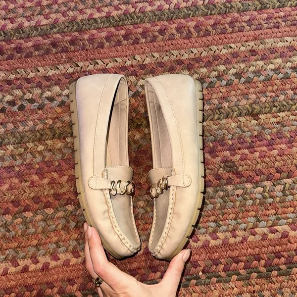 Lauren Blakwell Lizbeth Taupe Cream Loafers Gold Chain Detail - Image 3