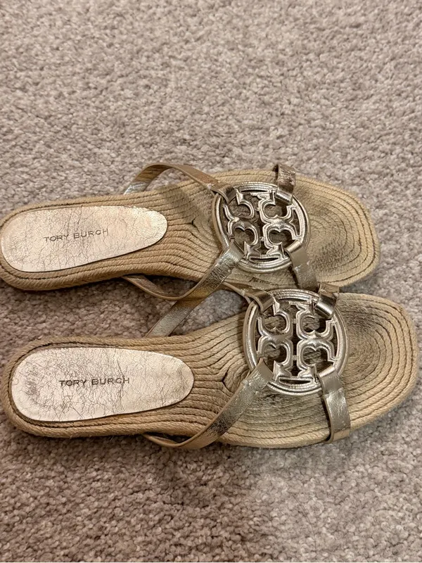 Tory Burch Metallic Gold Miller Logo Espadrille Slide Sandals - Image 3