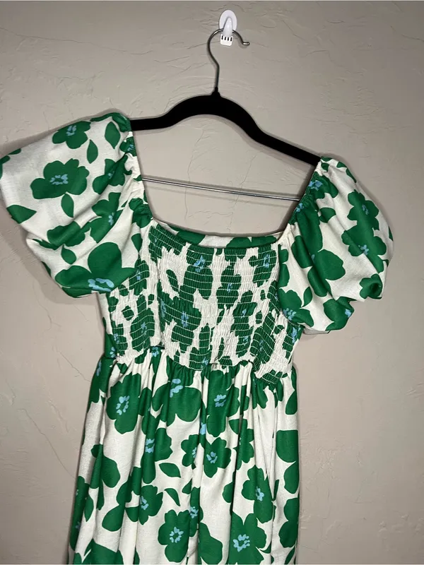 Altar’d State Cream Green‎ Floral Puff Sleeve Retro Babydoll Mini Dress - Image 9