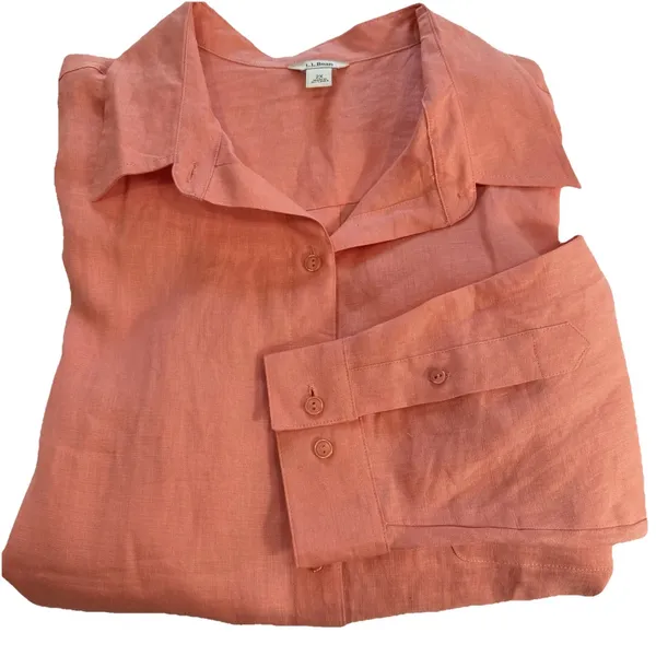 LL Bean Coral Orange Premium Washable Linen Long Sleeve Button‎ Up Shirt Size 1X - Image 2