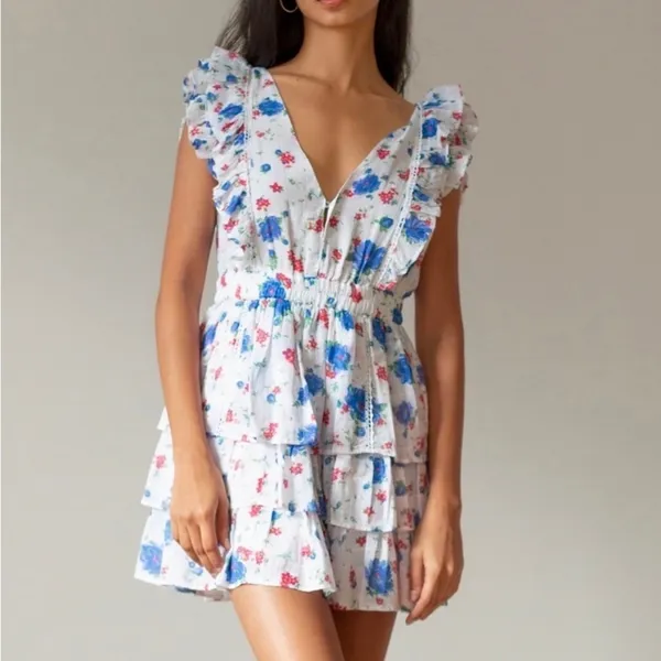 LoveShackFancy Bennett Mini Dress XS blue Notte Floral Cotton Cottage Boho Beach - Image 8