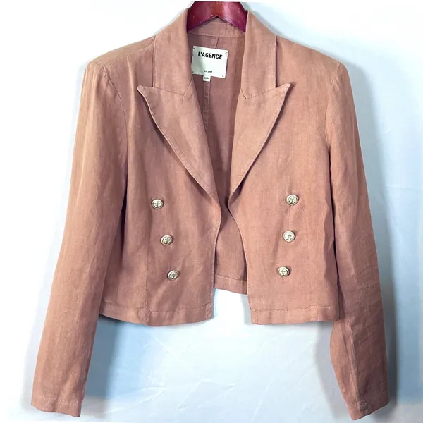 L'AGENCE Womens M Linen Blazer Pink Cropped Double Breasted Gold Button Jacket - Image 3