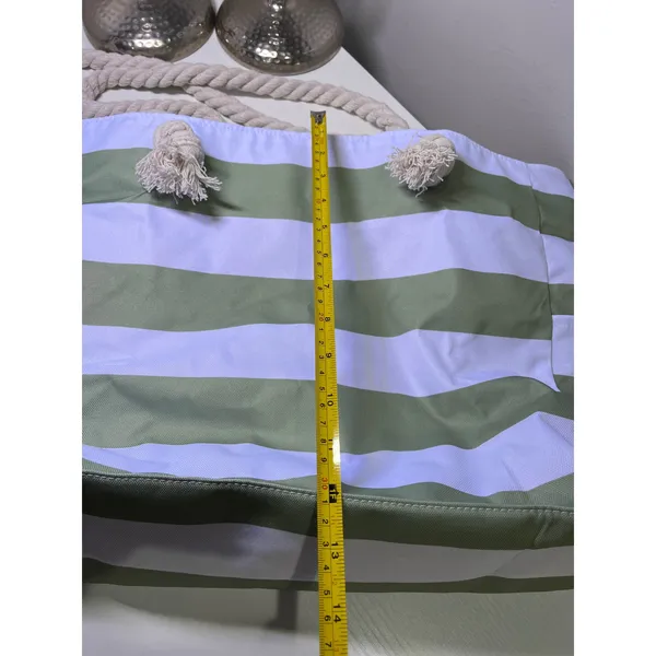 Sage Green and White Striped Canvas‎ Beach Tote Bag with Rope Handles Zip Top - Image 5