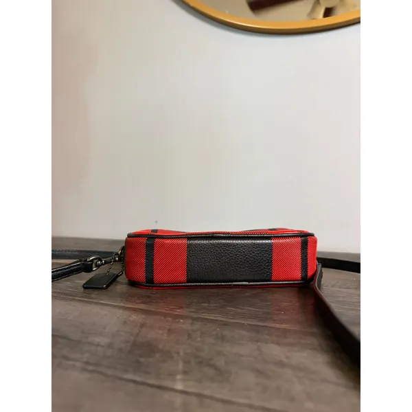 Coach Red Black Buffalo Plaid Pebble Leather Double Zip Crossbody Camera Bag - Image 5