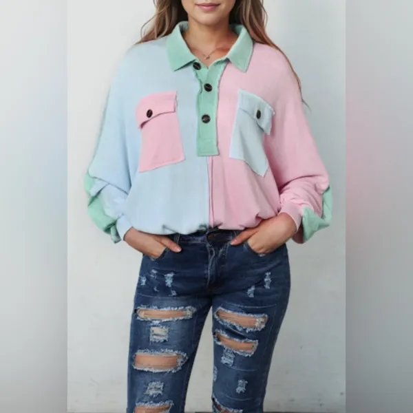 Multicolor Pastel Pink Green Blue Colorblock Patchwork Ribbed Pullover Top Size M - Image 3