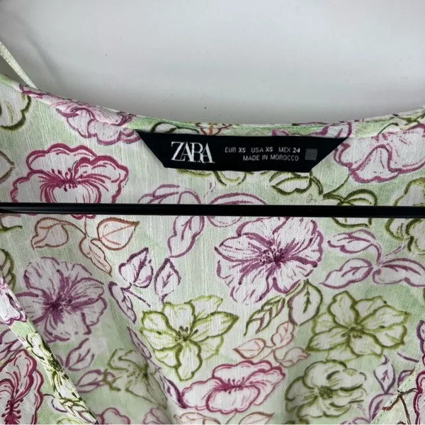 Zara‎ Chiffon Floral Print Surplice Neck V Neck Shirred Waist Peasant Sleeve Top - Image 3