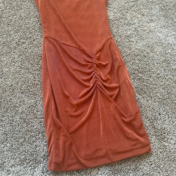 Tic Toc Rust Orange Ruched Mini Slip Dress with Double Straps - Image 2