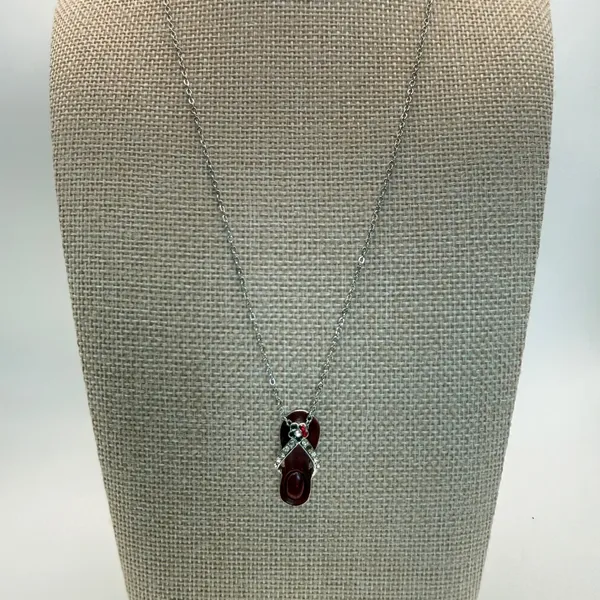 Red Enamel Flip Flop Pendant Necklace Silver‎ Tone Rhinestone Tropical Beach 20" - Image 2