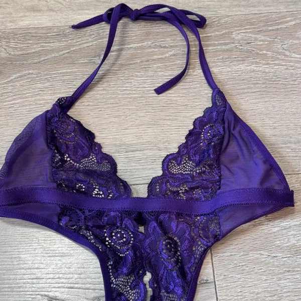 Avidlove Purple Lace Mesh Halter Teddy Bodysuit O-Ring‎ Detail Small - Image 3