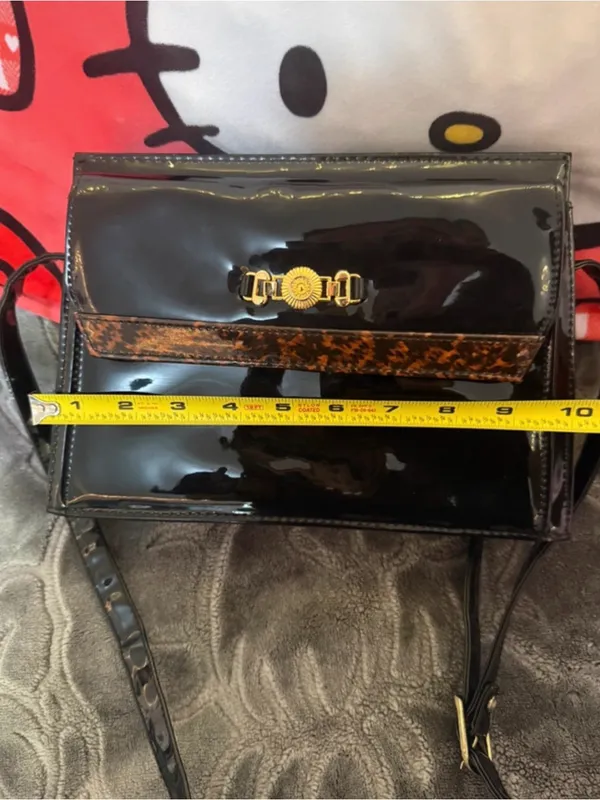 Patent Black Shoulder Bag with Gold Accent - Image 7