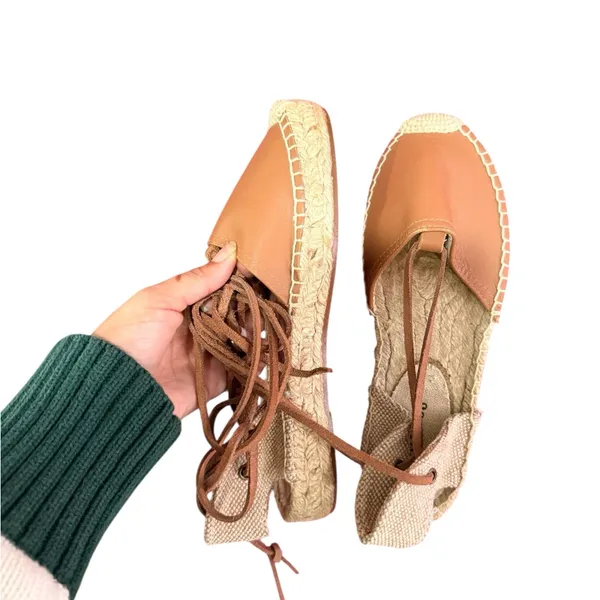 SALUDOS Wrap Gladiator Leather Tan Espadrille Flats Size 6 - Image 10