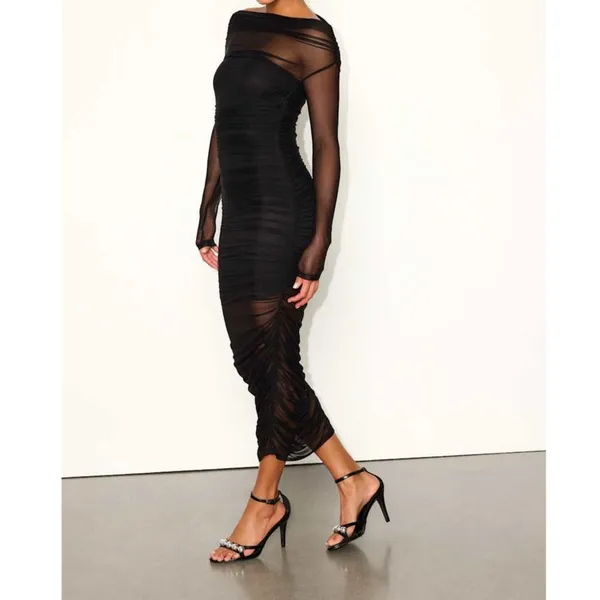 NEW Lulus Sunama Black Mesh Ruched Long Sleeve Bodycon Cocktail Midi Dress Small - Image 4