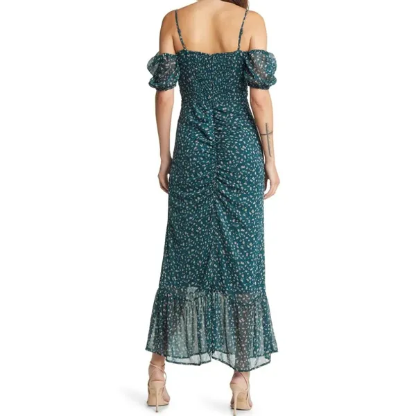 WAYF Nyla Floral Ruched Midi Dress Pine Green Ditsy Floral Puff Sleeve Romantic - Image 2