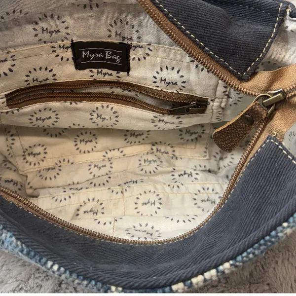 Myra Bag Canvas Cowhide Rug Tapestry Crossbody‎ Bag Teal Brown S-1250 - Image 10