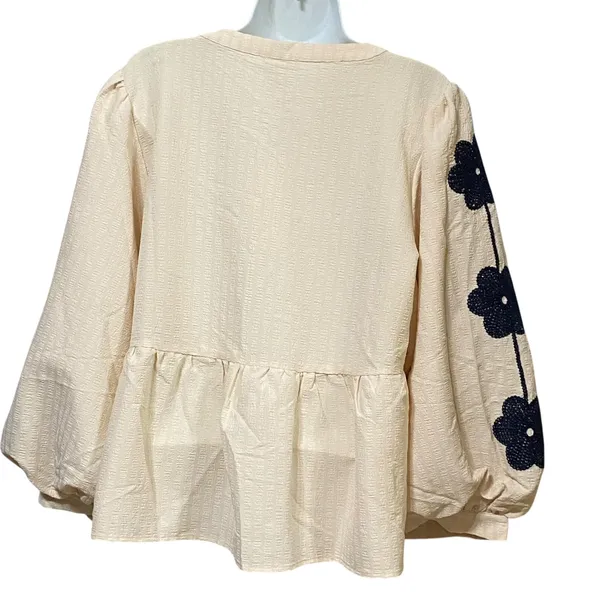 Jodifl Cream Balloon Sleeve Bow Front Peplum Blouse Navy Floral Crochet L - Image 3