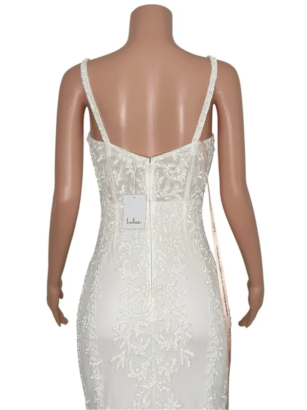 LULUS Luxe Bridal Momentous Love Beaded Bustier Mesh Mermaid Maxi Dress,White,XS - Image 9