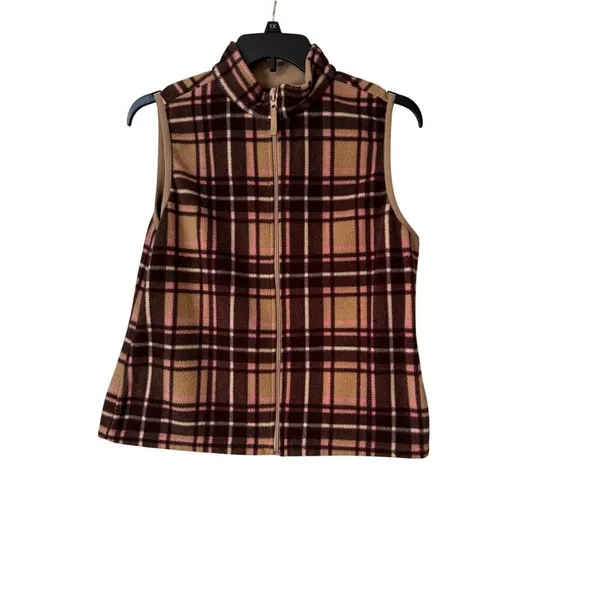 Vintage Y2K Fleece Mountain Lake Brown/Pink Plaid Vest Sleeveless‎ Women's L - Image 4