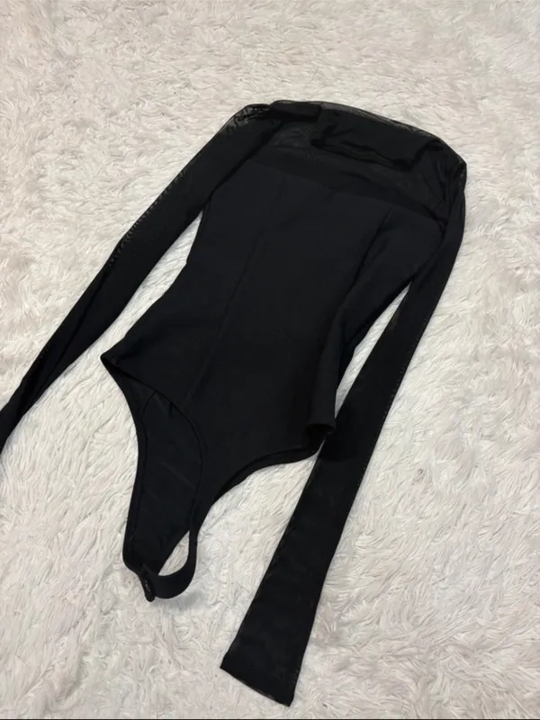 Abercrombie Black Long-Sleeve Sheer-Panel Bodysuit - Women Intimates - Image 2