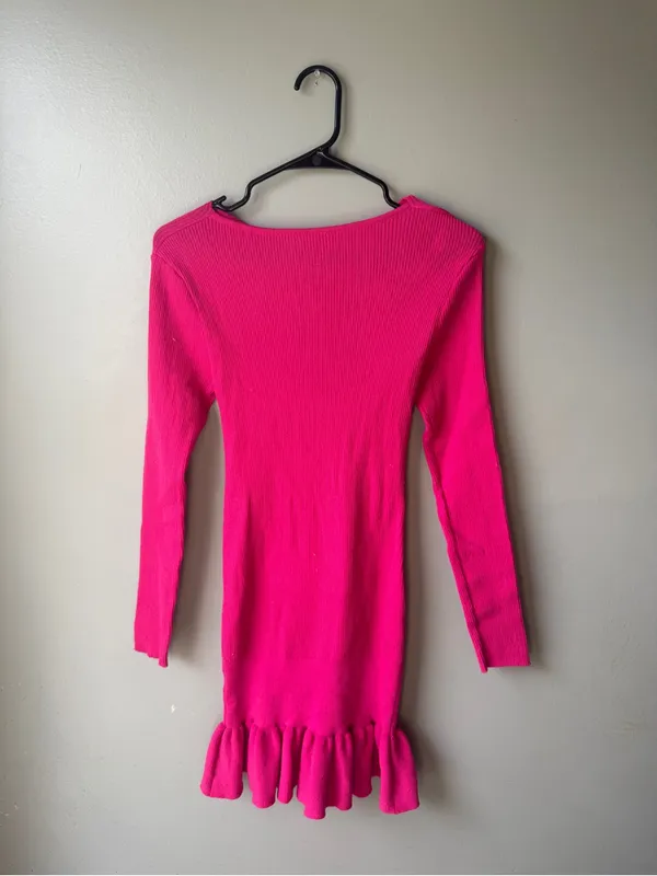 Hot Pink Ribbed Cutout Ruffle Hem Sweater Dress XS - Image 4