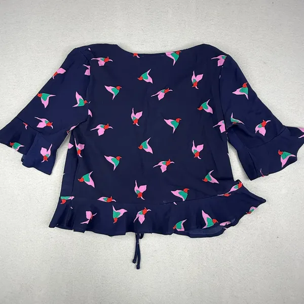 Elodie Bird Print Peplum Blouse Womens XS Navy Ruched Ruffle Cottagecore - Image 3