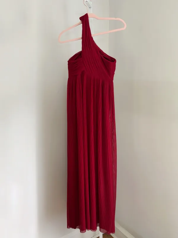 Calvin Klein Women’s Size 4 One-Shoulder Red Pleated Maxi Dress Flowy Mesh Gown - Image 3