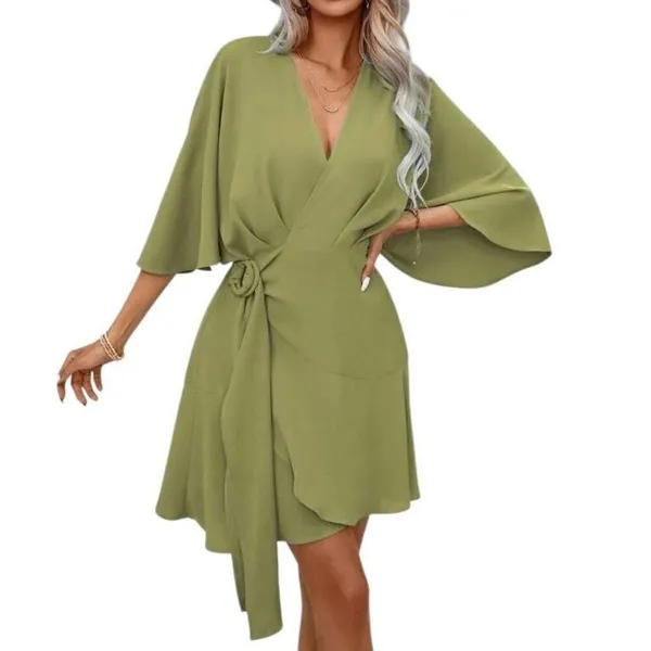 SheIn NEW Vacay Olive Green Ruffle Hem Wrap Mini Dress Large - Image 5