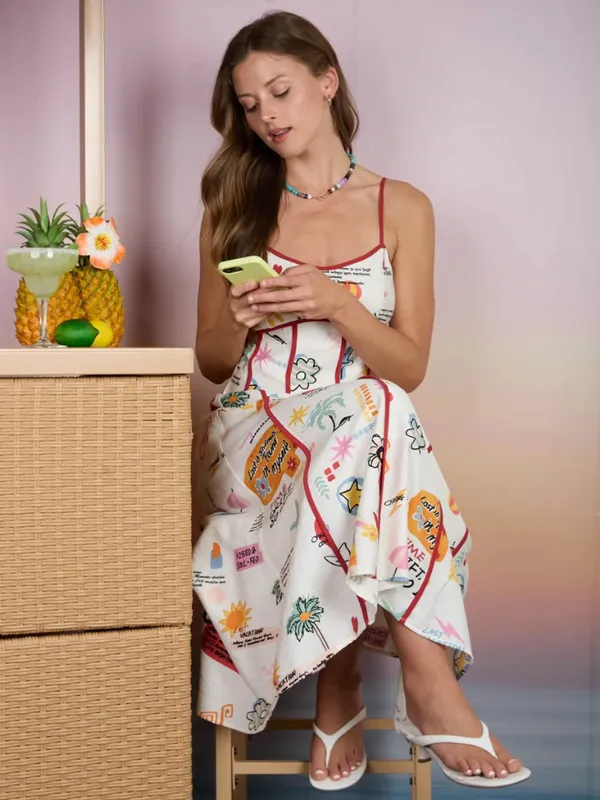 NWT Blu Pepper Last Vacation Midi Dress Cream Multi Print Medium - Image 3