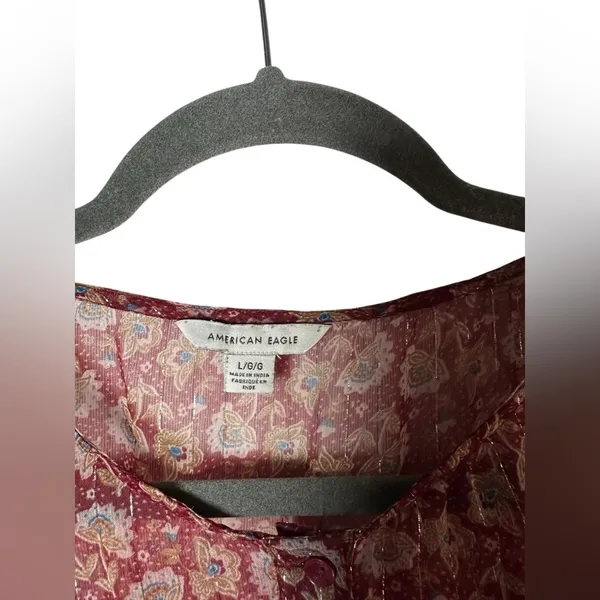 American Eagle Sheer‎ Floral Blouse Large Burgundy Long Sleeve Boho Peasant Top - Image 6