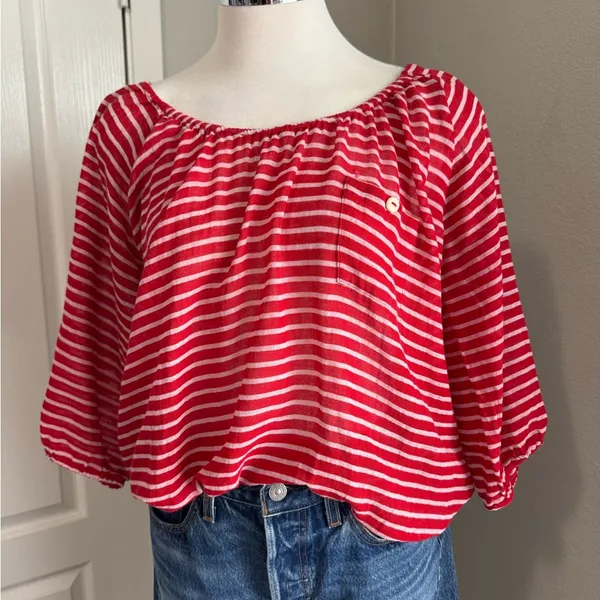 J.‎ Crew Red & White Sailor Striped Knit Peasant Top Size XS - Image 2