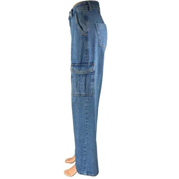 Zara Women's Blue High Waisted Straight Wide Leg Cargo Denim Jeans Pants Size 2 - Image 2