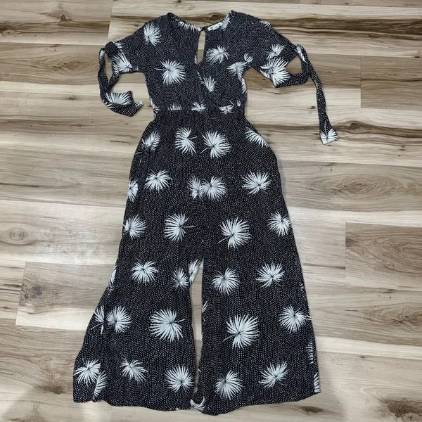 Billabong Black White Polka Dot Floral Jumpsuit Women's Small - Image 2