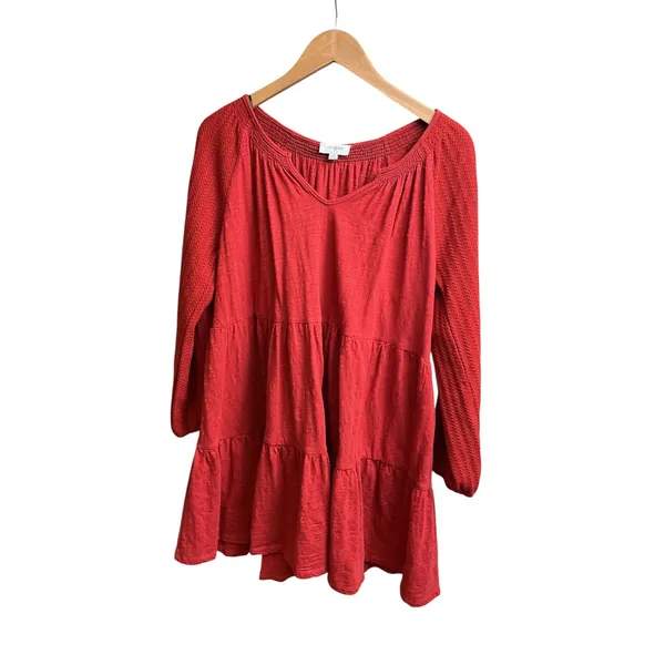Umgee Rust Red Tiered‎ Babydoll Dress Waffle Knit Long Sleeve M5176 Mens M - Image 6