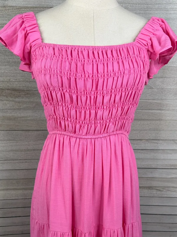 BY THE RIVER (Anthropologie) Boho Smocked Tiered Maxi Dress w Eyelet Hem Pink-L - Image 2