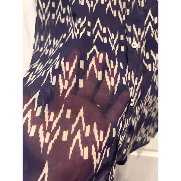 Zara Women Purple Geometric Ikat Print Sheer Chiffon Button‎ Up Blouse Large - Image 5