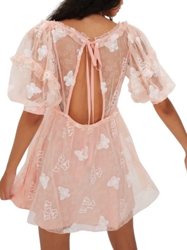 NWT For Love & Lemons Shari Sequined Butterfly Lace Puff Slv. Dress Size Small - Image 3