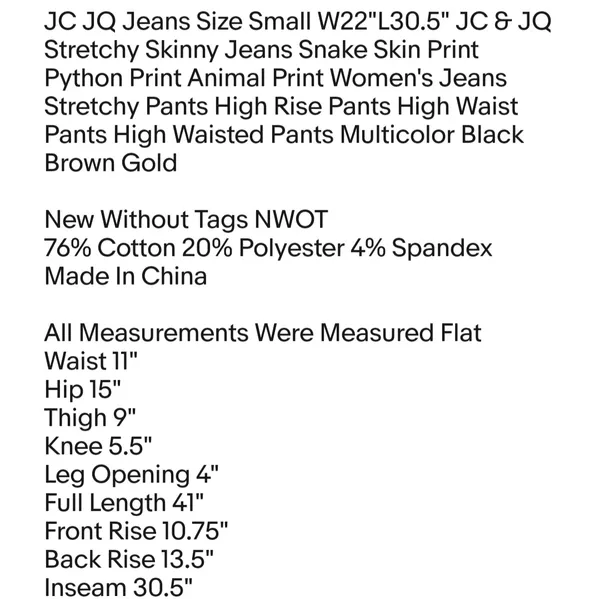 JC JQ Jeans Size Small W22"L30.5" Stretchy Skinny Jeans Snake Skin Print Python Print - Image 2