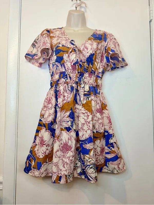 Band Of The Free Free People Blouson Mini Floral Multicolor Short Sleeve Dress S - Image 7