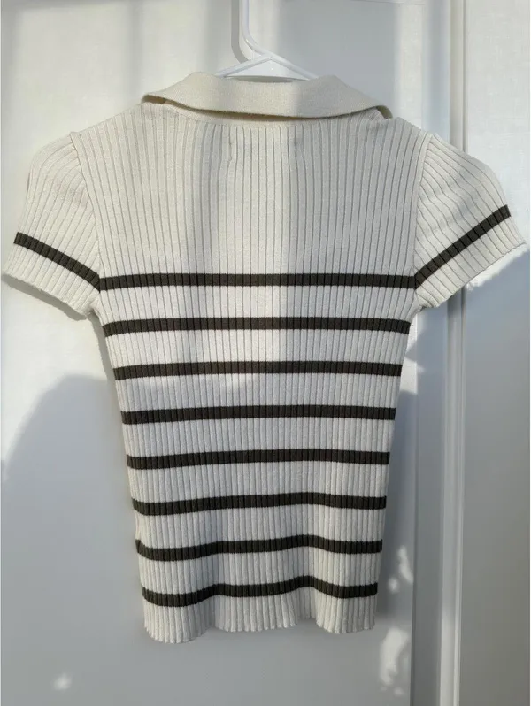 Button Ribbed Polo Short Sleeve Sweater And Now This Green Stripe XXS - Image 2