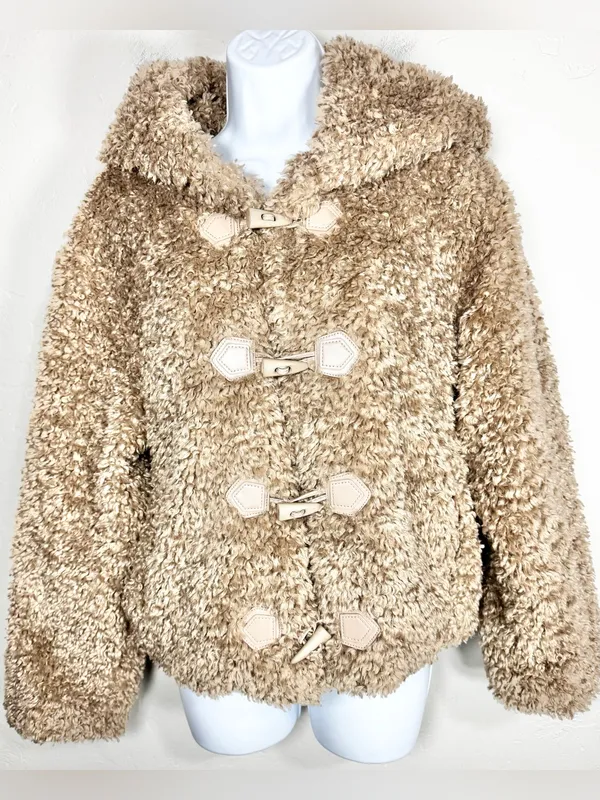 Galita Cozy Khaki Teddy Toggle Jacket with Hood Size Small Tan - Image 3