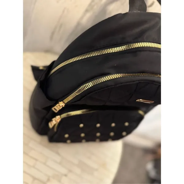 Black Nylon Mini Backpack Quilted Gold Studded Small Travel Bookbag Gold Hardwar - Image 8