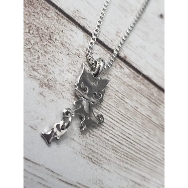 Silver Tone Cat with Fish Pendant Necklace - Whimsical - Image 4