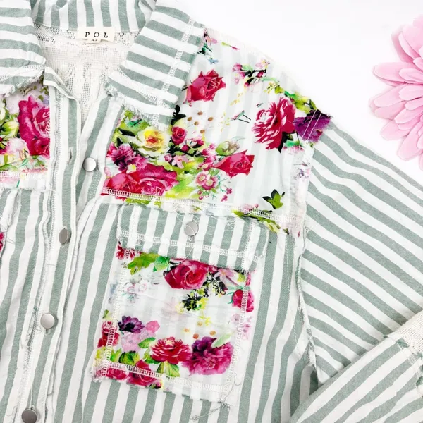 POL Striped Sage Multi Balloon Sleeve Printed Woven Mixed Print Shirt Shacket - Image 8