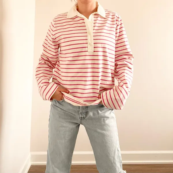 J.Crew Striped Pink and White Women's Rugby Top - Image 4