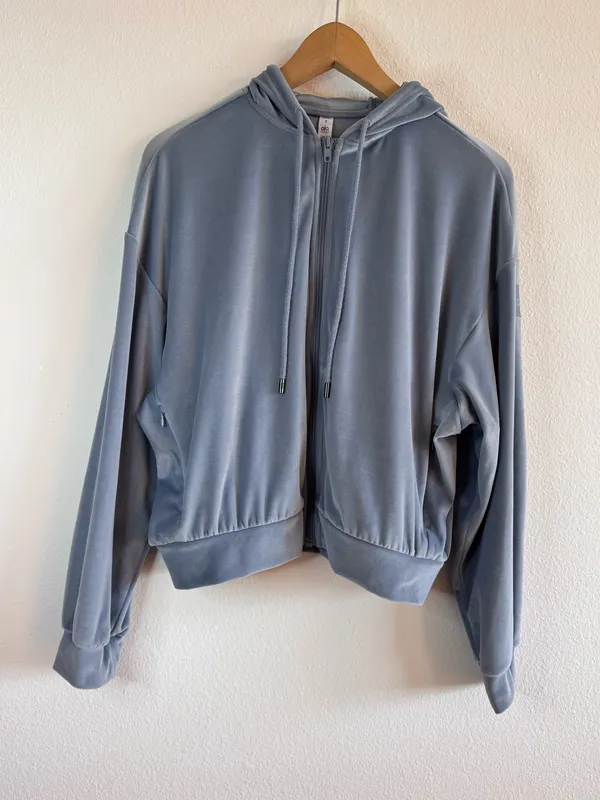 Alo Yoga Velour Glimmer Full Zip Hoodie Steel Blue - Image 2