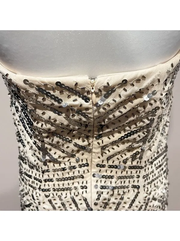 Temperance Dress M Beaded Sequin Strapless Cream Y2K Pom Bride Wedding Cocktail - Image 5